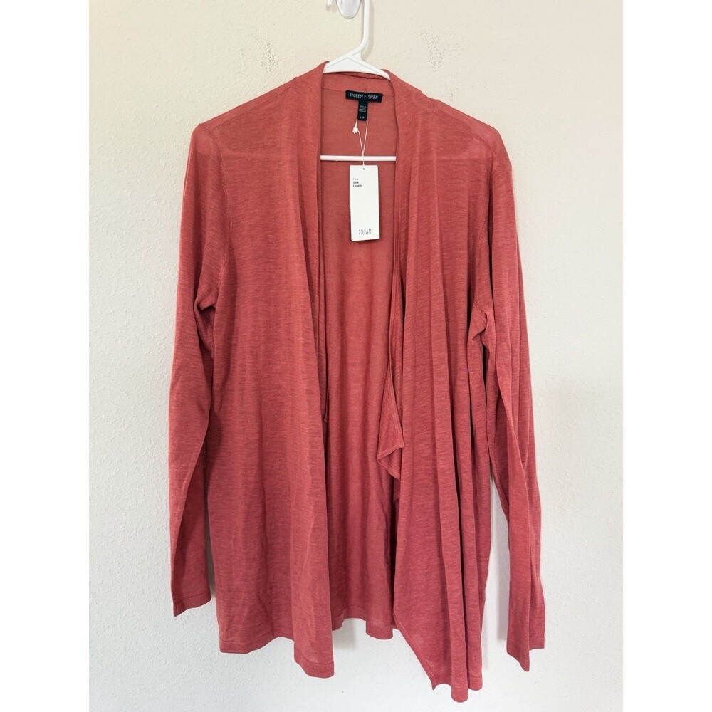 Eileen Fisher NWT Size L Silk Linen Cascading Open Front Cardigan Coral Draped